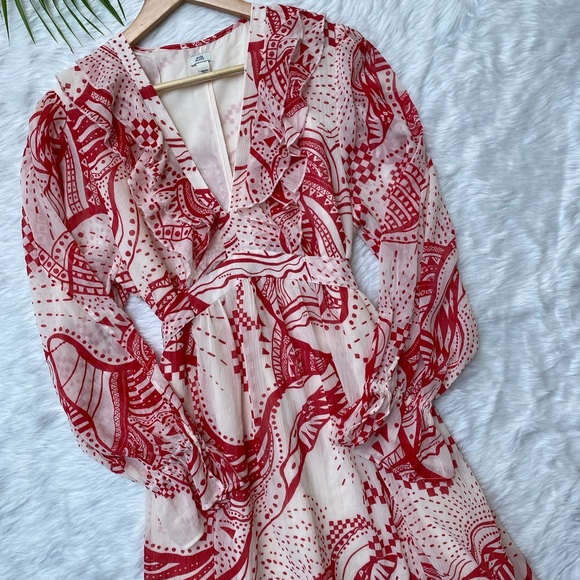 🌻River Island Red Print frill midi dress. Length 50,bust 36,37. - Picture 3 of 11